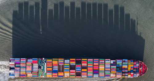 Container ship shadow from above